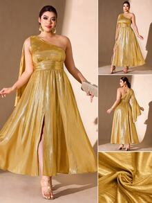 Cravure French Vintage Elegant Fashion Glamorous Party Asymmetrical Shoulder Neckline Ribbon Waist Gold Dress - Gold - View 1