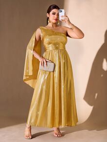 Cravure French Vintage Elegant Fashion Glamorous Party Asymmetrical Shoulder Neckline Ribbon Waist Gold Dress - Gold - View 4