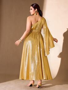 Cravure French Vintage Elegant Fashion Glamorous Party Asymmetrical Shoulder Neckline Ribbon Waist Gold Dress - Gold - View 2