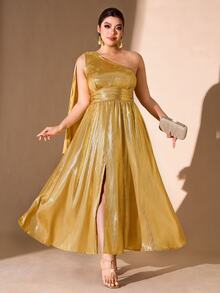 Cravure French Vintage Elegant Fashion Glamorous Party Asymmetrical Shoulder Neckline Ribbon Waist Gold Dress - Gold - View 7