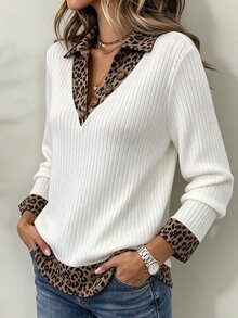 Breezaya Casual Women's Leopard Print Patchwork Top - Multicolor - View 3