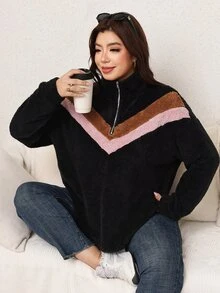 SHEIN LUNE 大尺碼毛茸茸保暖拼色圓領套頭運動衫 冬季 - 彩色 - 查看 6