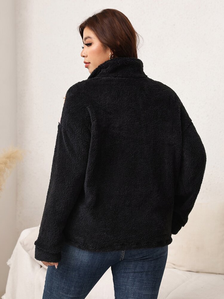 SHEIN LUNE Plus Size Fuzzy Warm Colorblock Crew Neck Pullover Sweatshirt Winter - Multicolor - View 2
