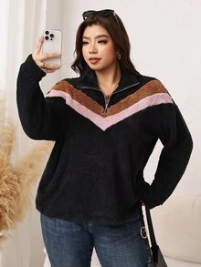SHEIN LUNE 大尺碼毛茸茸保暖拼色圓領套頭運動衫 冬季 - 彩色 - 查看 4