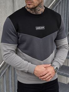 Manfinity Homme 男士圓領套頭運動衫，黑灰拼色設計，正面字母印花點綴，大面積拼色拼接，黑灰配色，男士秋冬百搭圓領運動衫，運動衫面料，休閒舒適百搭，適合外出、通勤、街頭風、旅行、度假、日常穿著 - 彩色 - 查看 3