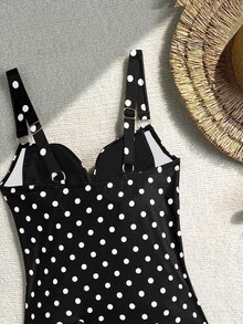 SHEIN Swim Spring/Summer New Hot-Selling Pink Polka Dot Two-Piece Double Strap Tank Top Bikini Set For Mature Women - Black and White - View 7