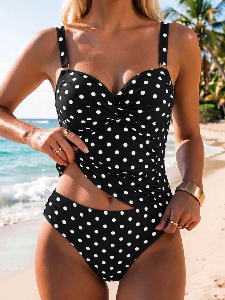SHEIN Swim Spring/Summer New Hot-Selling Pink Polka Dot Two-Piece Double Strap Tank Top Bikini Set For Mature Women