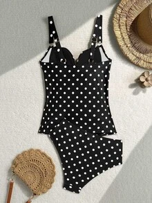 SHEIN Swim Spring/Summer New Hot-Selling Pink Polka Dot Two-Piece Double Strap Tank Top Bikini Set For Mature Women - Black and White - View 3