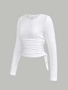 SHEIN Girlism Tween Girls' Textured Crew Neck Cinched Waist Drawstring Side T-Shirt - White - View 3