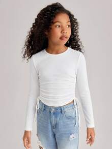 SHEIN Girlism Tween Girls' Textured Crew Neck Cinched Waist Drawstring Side T-Shirt - White - View 7