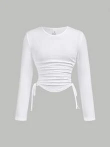 SHEIN Girlism Tween Girls' Textured Crew Neck Cinched Waist Drawstring Side T-Shirt - White - View 1