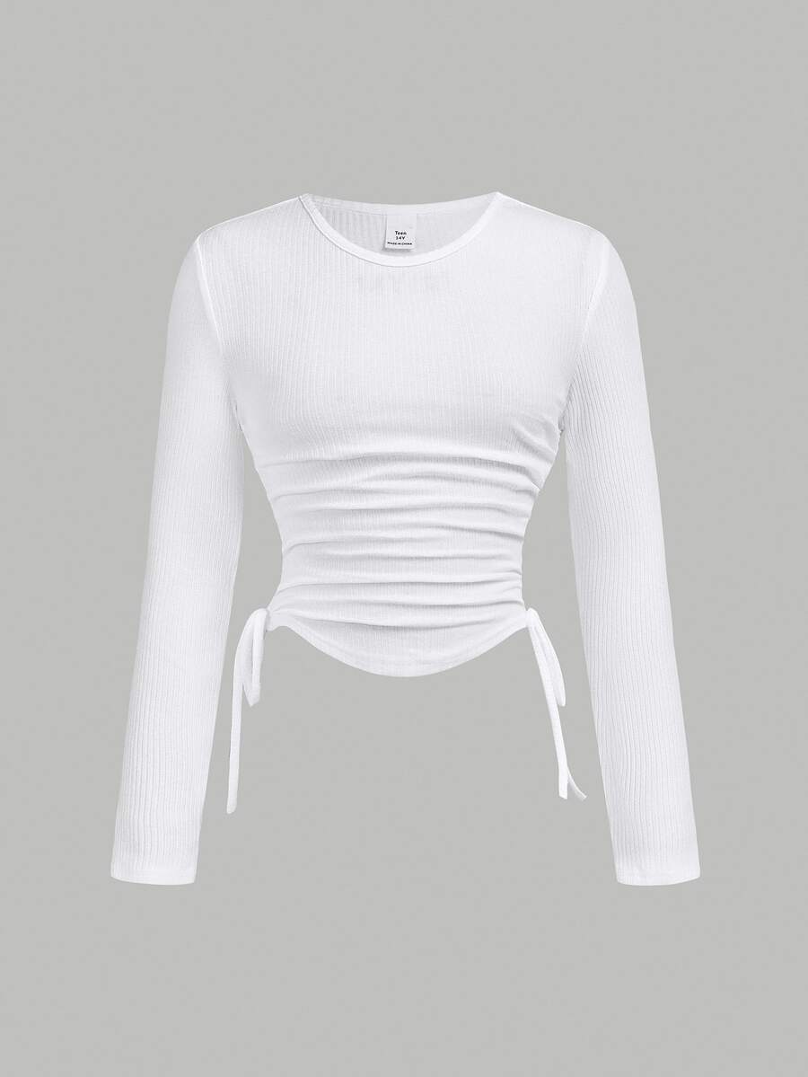SHEIN Girlism Tween Girls' Textured Crew Neck Cinched Waist Drawstring Side T-Shirt - White - View 1