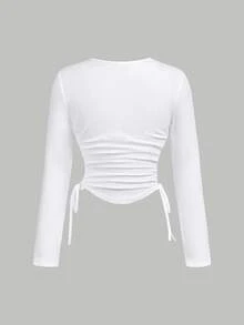 SHEIN Girlism Tween Girls' Textured Crew Neck Cinched Waist Drawstring Side T-Shirt - White - View 2