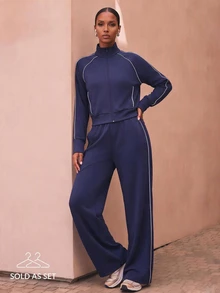 Zivah Women's 2 Piece Navy Colorblock Long Sleeve Top And Pants Set, Athleisure Lounge Matching Outfit For Workout, Travel, Fall Winter - Navy Blue - View 5