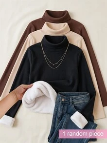 SHEIN Sparklyn 青少年女孩冬季抓絨簡約休閒百搭保暖純色黑色巧克力棕米色修身長袖高領上衣校園風 - 黑色 - 查看 1