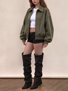 Rina Fox Oversized Streetwear Faux Suede Zip Up Cropped Jacket Lapel Ribbed Hem Casual Outerwear Everyday Olive Green Fall - Army Green - View 7