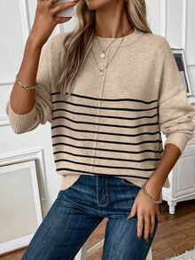 SHEIN LUNE Women's Colorblock Round Neck Striped Oversized Casual Sweater, Knit Pullover Fall Winter - Apricot - View 2