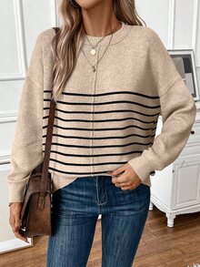 SHEIN LUNE Women's Colorblock Round Neck Striped Oversized Casual Sweater, Knit Pullover Fall Winter - Apricot - View 6
