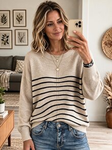 SHEIN LUNE Women's Colorblock Round Neck Striped Oversized Casual Sweater, Knit Pullover Fall Winter - Apricot - View 1
