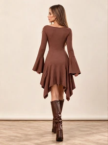 Rina Fox V Neck Flare Long Sleeve Hanky Hem Bodycon Dress Solid Slim Fit Party Going Out Dresses - Brown - View 2
