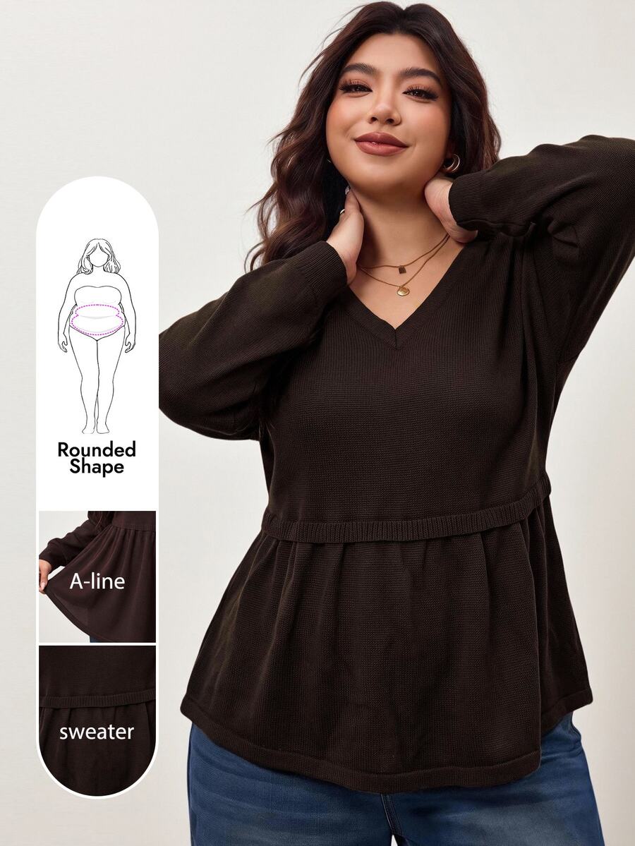 Enliva Plus Size Knit V Neck Peplum Top Fall Apple, Rounded Body - Purple - View 1