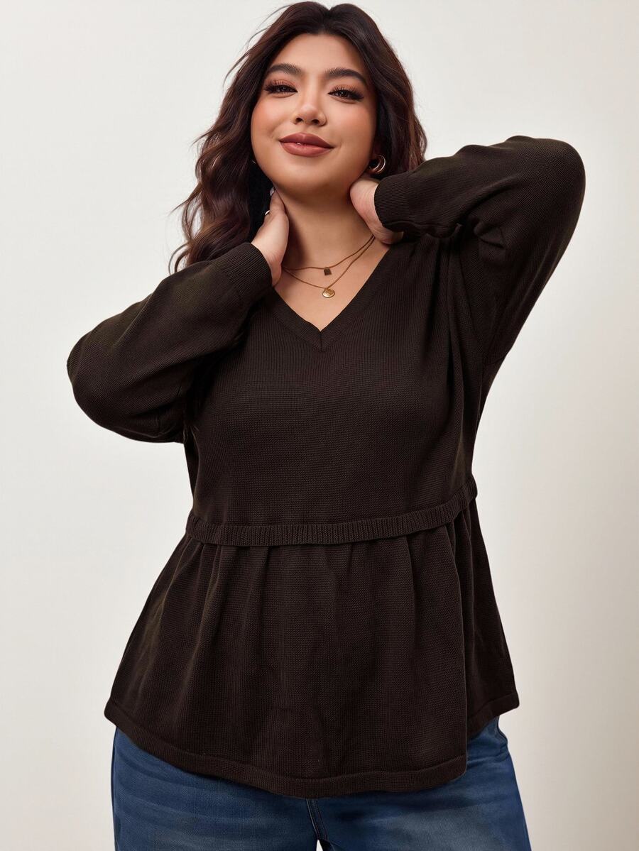 Enliva Plus Size Knit V Neck Peplum Top Fall Apple, Rounded Body - Purple - View 1