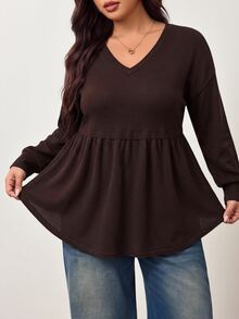 Enliva Plus Size Knit V Neck Peplum Top Fall Apple, Rounded Body - Purple - View 5