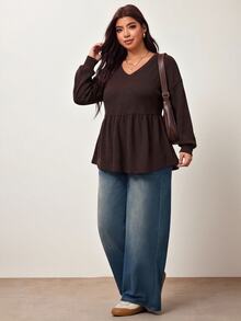 Enliva Plus Size Knit V Neck Peplum Top Fall Apple, Rounded Body - Purple - View 6