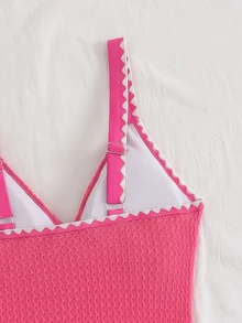 SHEIN Swim بدلة سباحة قطعة واحدة بتصميم متقاطع من قماش خاص مخطط - روز أحمر - مشاهدة 5