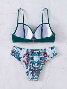 SHEIN Swim Tropical Bikini Set Twist Push Up Buckle Back Bra & Hipster Bottom 2 Piece Bathing Suit,Summer Beach - Teal Blue - View 5