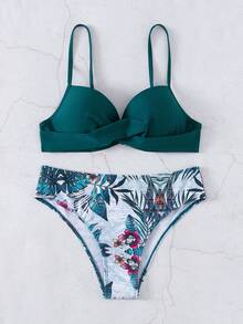 SHEIN Swim Tropical Bikini Set Twist Push Up Buckle Back Bra & Hipster Bottom 2 Piece Bathing Suit,Summer Beach - Teal Blue - View 6