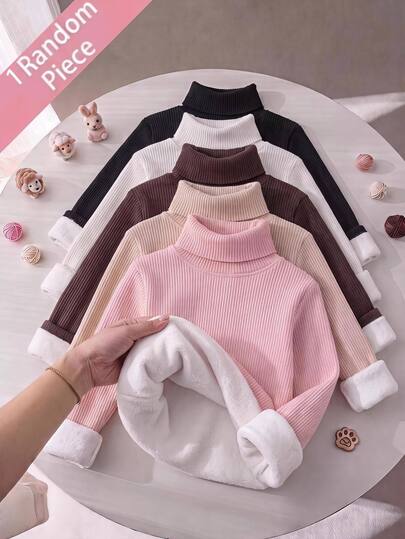 SHEIN Kids Girls' Ribbed Elastic Knit High Neck Long Sleeve Base Layer Winter Top Baby