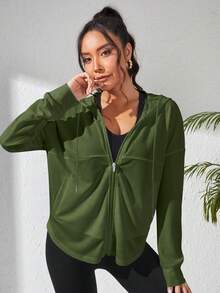 Eassivo Eassivo Drop Shoulder Zip Up Hooded Sports Jacket - Army Green - View 4