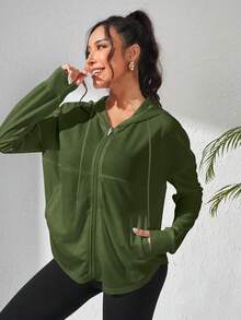 Eassivo Eassivo Drop Shoulder Zip Up Hooded Sports Jacket - Army Green - View 3
