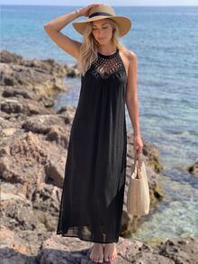 SHEIN Swim Women's Crochet Hollow Out Split Beach Cover Up Dress - Black - View 4