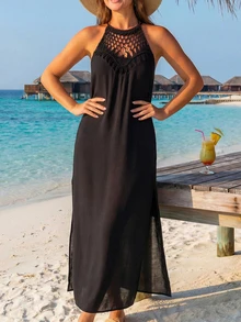 SHEIN Swim Women's Crochet Hollow Out Split Beach Cover Up Dress - Black - View 6