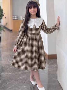 少女秋/冬休閒度假優雅梭織格紋拼接刺繡翻領抓皺公主下擺洋裝 卡其色 - 卡其色 - 查看 3