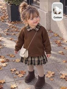 SHEIN Babygirl Cute Brown Knitted Patchwork Plaid Long Sleeve Autumn Winter Dress - Multicolor - View 1