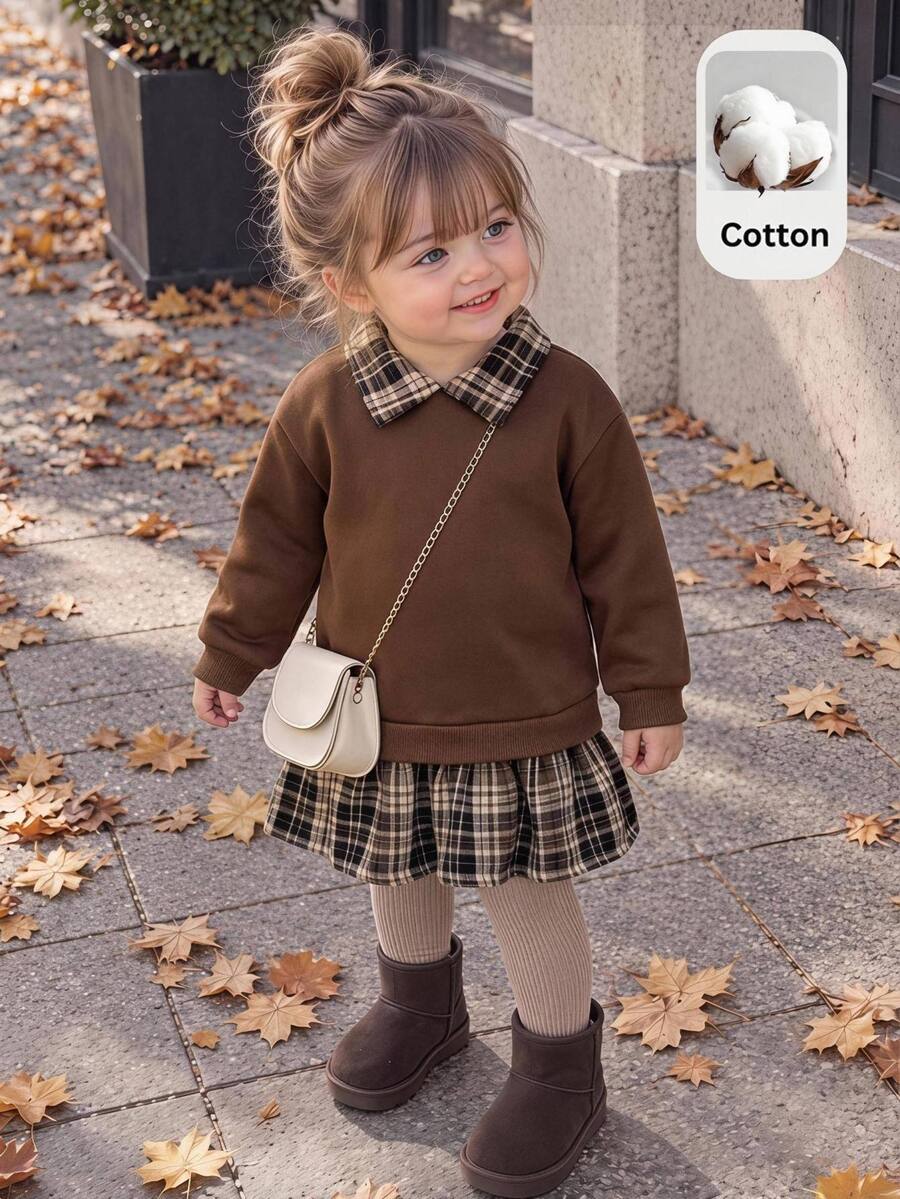 SHEIN Babygirl Cute Brown Knitted Patchwork Plaid Long Sleeve Autumn Winter Dress - Multicolor - View 1