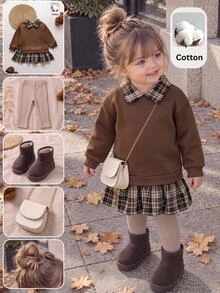 SHEIN Babygirl Cute Brown Knitted Patchwork Plaid Long Sleeve Autumn Winter Dress - Multicolor - View 2