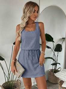 SHEIN LUNE Women's Casual Printed Short Dress, Suitable For Spring And Summer,Casual Dresses For Women - Navy Blue - View 3