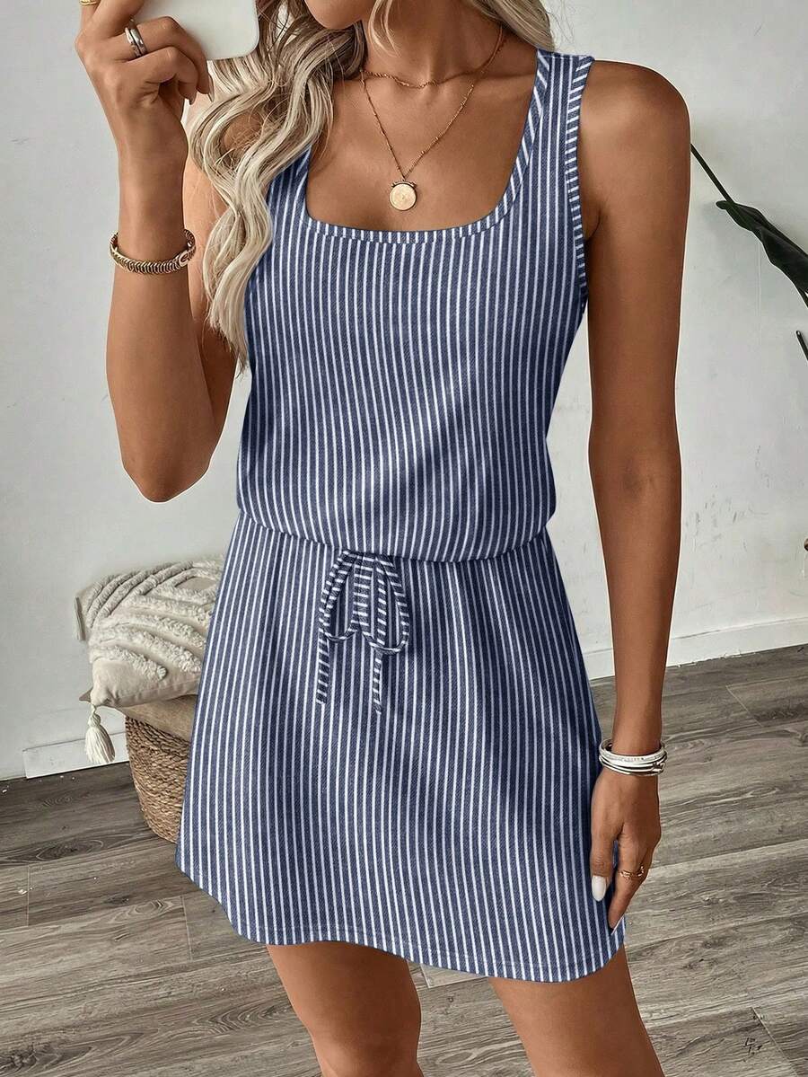 SHEIN LUNE Women's Casual Printed Short Dress, Suitable For Spring And Summer,Casual Dresses For Women - Navy Blue - View 1