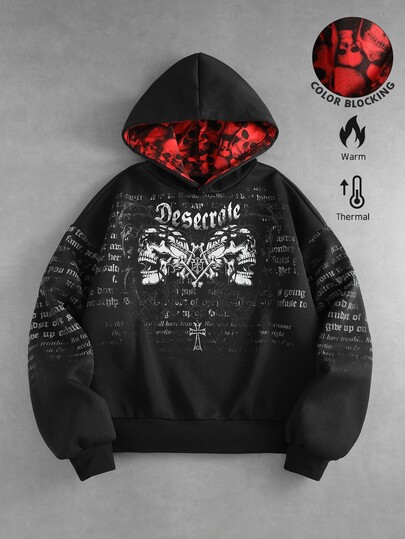 Herren Dunkler Gothic Muster Kontrastfarbe Lockerer Schnitt Hoodie