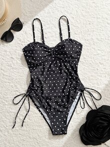 SHEIN Swim Fashionable Hot-Selling Polka Dot Print Design One-Piece Swimsuit, Suitable For Girls And Beach Vacation, Spring/Summer - Black - View 6