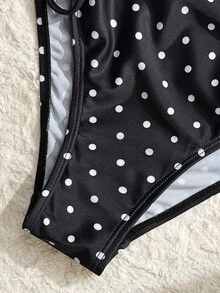 SHEIN Swim Fashionable Hot-Selling Polka Dot Print Design One-Piece Swimsuit, Suitable For Girls And Beach Vacation, Spring/Summer - Black - View 9