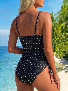 SHEIN Swim Fashionable Hot-Selling Polka Dot Print Design One-Piece Swimsuit, Suitable For Girls And Beach Vacation, Spring/Summer - Black - View 2