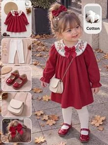 SHEIN Baby Girl Baby Girl Pastoral Embroidered Doll Large Collar Bow Cute Ruffle Elastic Cuff Long Sleeve Dress, Suitable For Autumn, Applicable To Various Occasions Christmas Party Birthday All Occasions Spring Autumn Winter, Suitable For Celebrations, Events, Banquets - Multicolor - View 2