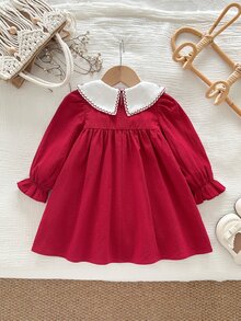 SHEIN Baby Girl Baby Girl Pastoral Embroidered Doll Large Collar Bow Cute Ruffle Elastic Cuff Long Sleeve Dress, Suitable For Autumn, Applicable To Various Occasions Christmas Party Birthday All Occasions Spring Autumn Winter, Suitable For Celebrations, Events, Banquets - Multicolor - View 6