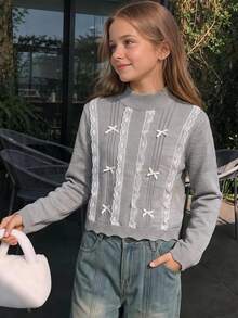 Tween Girl Contrast Lace Bow Decor Long Sleeve Sweater Winter - Light Grey - View 1