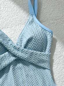 SHEIN Swim Striped Special Fabric Criss-Cross Chest One-Piece Swimsuit - Blue - View 6